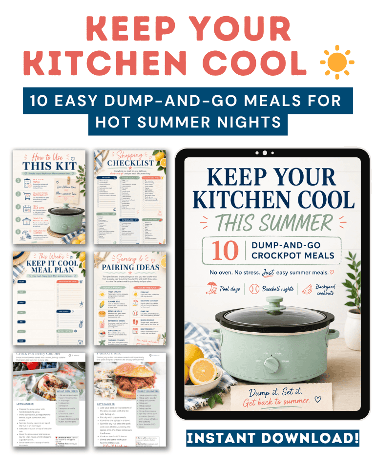 Promotional graphic for a digital meal kit titled Keep Your Kitchen Cool: 10 Dump-and-Go Meals for Hot Summer Nights, showing a crockpot, pages from the kit, and an instant download label.