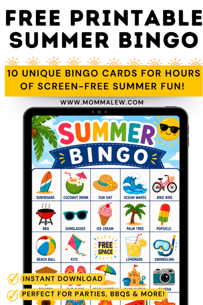 An iPad displays a colorful summer-themed bingo card with images like a surfboard, coconut drink, and sunglasses. Text above reads, Free Printable Summer Bingo. Icons highlight instant download and party use.