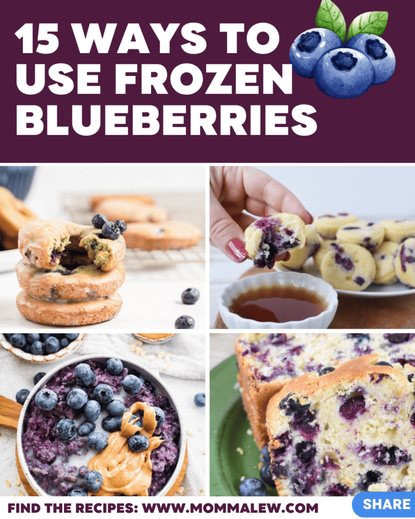 A collage titled “15 Ways to Use Frozen Blueberries” showcases frozen blueberry recipes like donuts, muffins, oatmeal with blueberries and peanut butter, plus blueberry bread. Blueberry illustrations and a recipe website link are included.