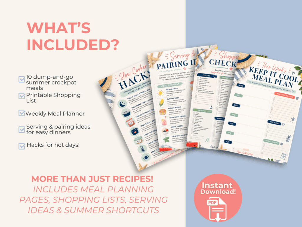 Image showcasing a summer meal planning PDF bundle with printable meal planner pages, shopping lists, serving ideas, and shortcuts. Text highlights features like crockpot meals, hacks for hot days, and instant download.