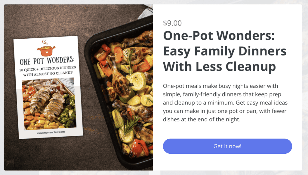 One-Pot Wonders: Easy Family Dinners With Less Cleanup cookbook cover next to a tray of roasted chicken and vegetables, with a Get it now! button. Explore more meal ideas like sheet pan pancakes.