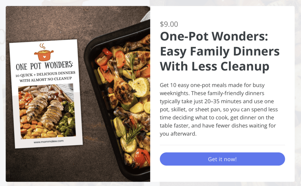 E-book titled One-Pot Wonders: 10 Quick + Delicious Dinners With Almost No Cleanup shown next to a sheet pan of roasted chicken, vegetables, and mini casserole recipes, with a Get it now! button.