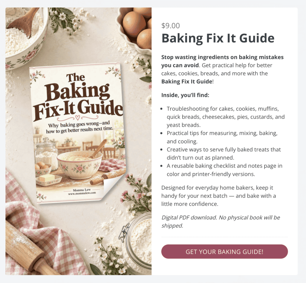 The Baking Fix-It Guide digital product page featuring a book cover image surrounded by baking ingredients like flour, eggs, and a rolling pin, alongside product details and a purchase button.