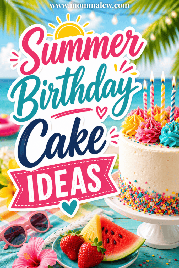 A colorful summer-themed image with summer birthday cakes text, a festive cake topped with rainbow frosting and candles, tropical fruits, sunglasses, and a beach background featuring palm leaves.