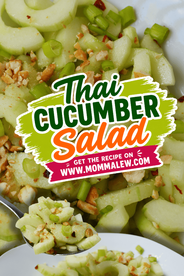 Close-up of thai cucumber salad with chopped green onions and crushed peanuts. Text overlay reads: Thai Cucumber Salad. Get the thai cucumber salad recipe on www.mommaleew.com.