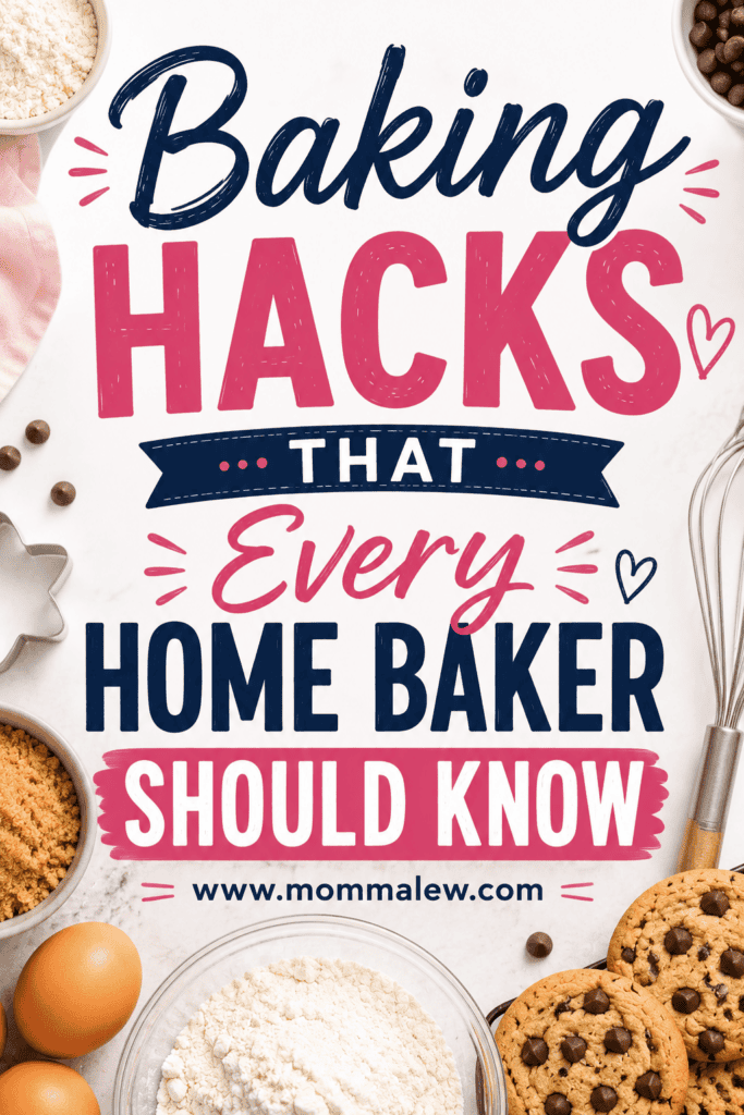 Baking ingredients like sugar, eggs, chocolate chips, and cookies surround text that reads: Baking hacks that every home baker should know. www.mommalew.com with whisk and measuring cup on the side.
