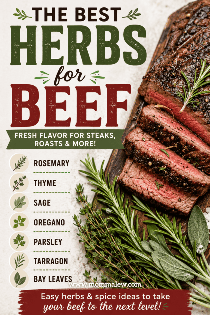 Sliced cooked beef steak on a wooden board surrounded by fresh herbs for steak, including rosemary, thyme, sage, oregano, parsley, tarragon, and bay leaves. Text lists these herbs as best for beef dishes.