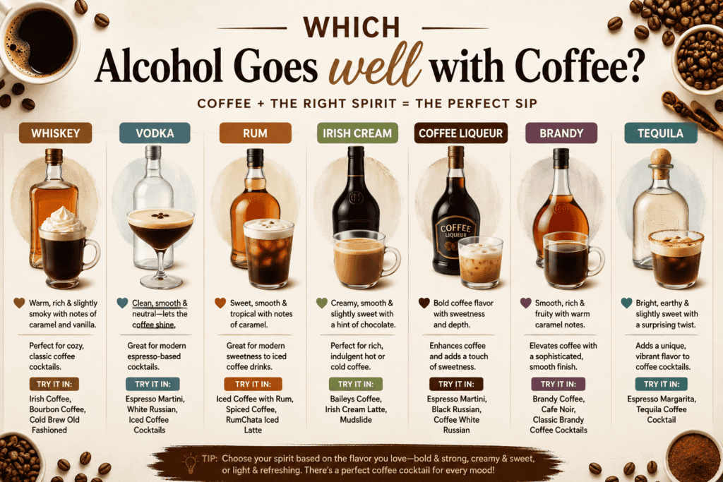 Infographic titled “Which Alcohol Goes Well with Coffee?” explores which alcohol goes well with coffee, highlighting whiskey, vodka, rum, Irish cream, coffee liqueur, brandy, and tequila with flavors, tips, and cocktail ideas for each.