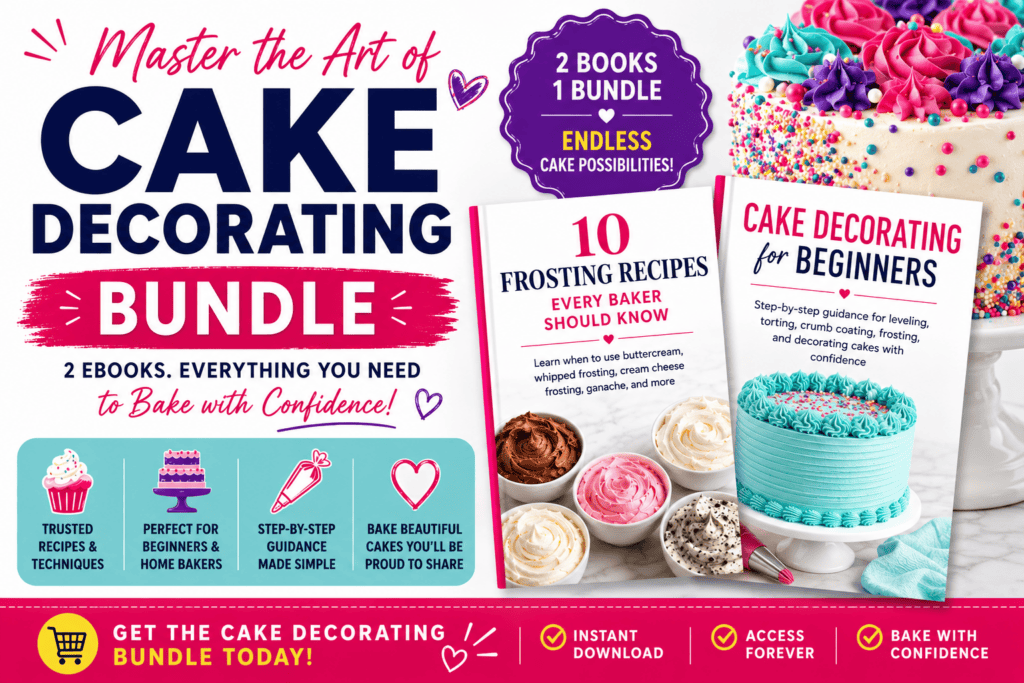 Promotional image for a cake decorating bundle featuring two eBooks. Includes colorful cakes, cupcakes, a rainbow unicorn cake, and text highlighting trusted recipes, step-by-step guidance, instant download, access forever, and baking with confidence.