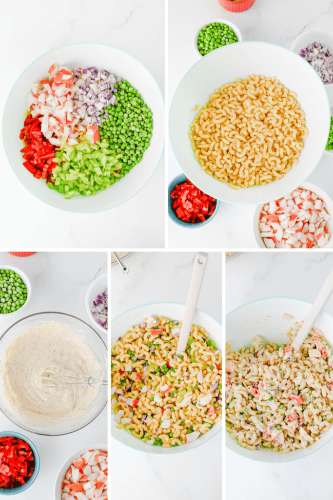 A step-by-step collage showing the process of making Crab Pasta Salad: chopped vegetables, crab, and pasta are prepared, creamy dressing is mixed, and all ingredients are combined in a bowl. Small bowls of ingredients surround the main bowl.