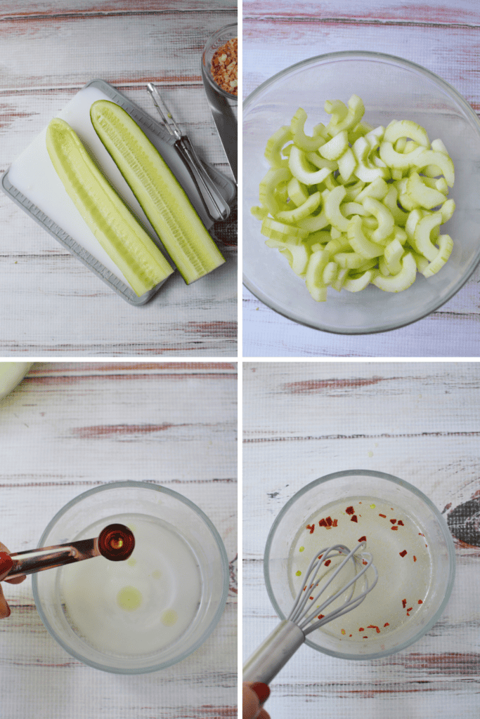 A four-panel image: sliced cucumber on a cutting board, cucumber slices in a bowl, soy sauce being poured into a small bowl, and a hand whisking a liquid with red pepper flakes for thai cucumber salad.