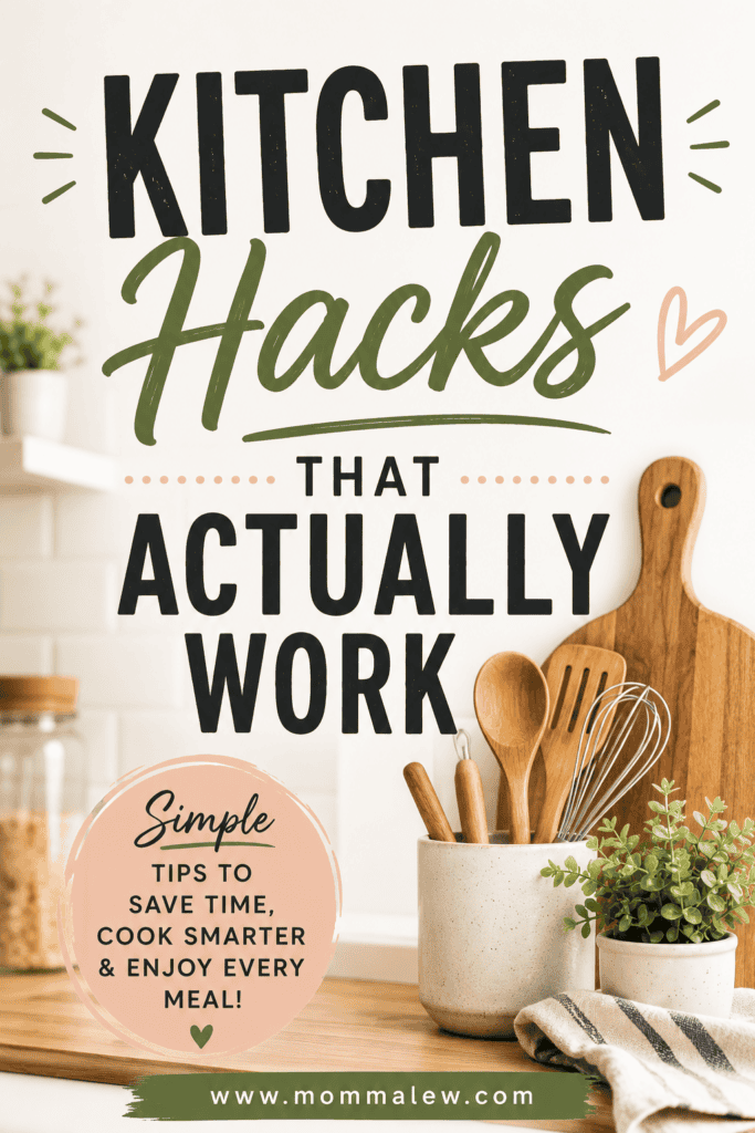 Text on image reads: “Kitchen hacks that actually work. Simple tips to save time, cook smarter & enjoy every meal!” Behind the text is a kitchen scene with cutting boards, utensils, and potted herbs on a counter.