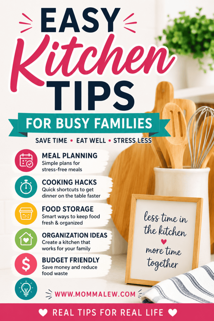 Infographic titled “Easy Kitchen Tips for Busy Families” with icons and tips on meal planning, cooking hacks, food storage, organization, and budget friendly ideas. A sign says, “less time in the kitchen, more time together.”.