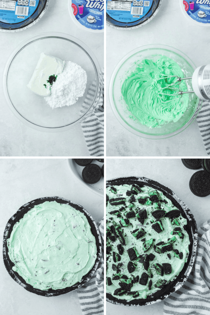 Four-panel collage showing steps to make a mint Oreo pie: mixing cream cheese, sugar, and green coloring; blending with a mixer; spreading the filling in a pie crust; and topping your mint Oreo pie with crushed Oreo cookies.