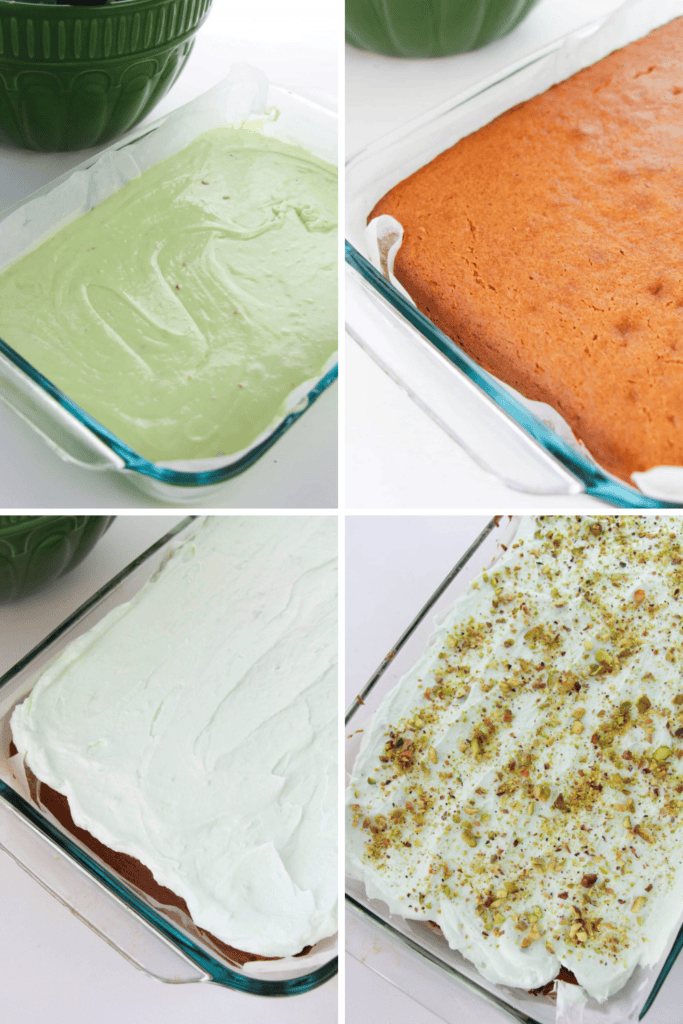 Four-panel image showing steps of making pistachio pudding cake: mixing green batter, baked golden cake, spreading green whipped topping, and finished cake topped with chopped pistachios in a glass dish.