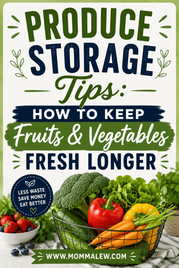 A graphic with text about Produce Storage Tips, featuring a wire basket filled with broccoli, bell peppers, carrots, and lettuce. The text highlights keeping fruits and vegetables fresh longer and saving money.