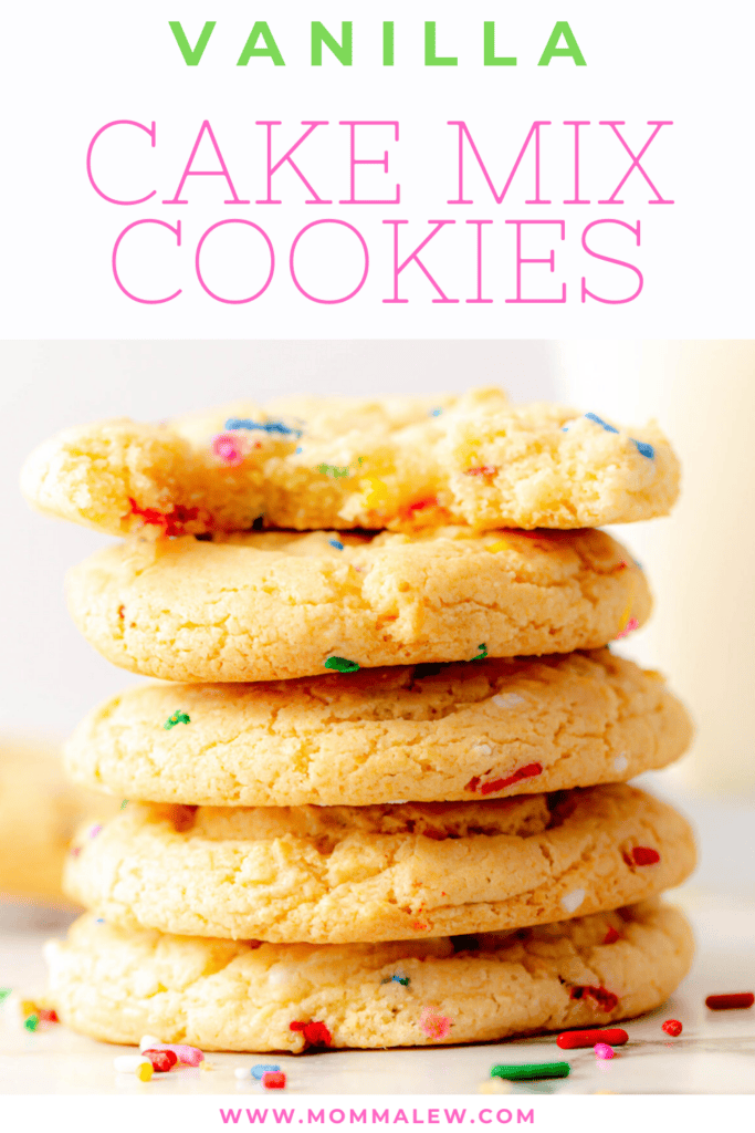 A stack of five vanilla cake mix cookies with colorful sprinkles sits against a white background. Text above reads Vanilla Cake Mix Cookies, with www.mommalew.com at the bottom.