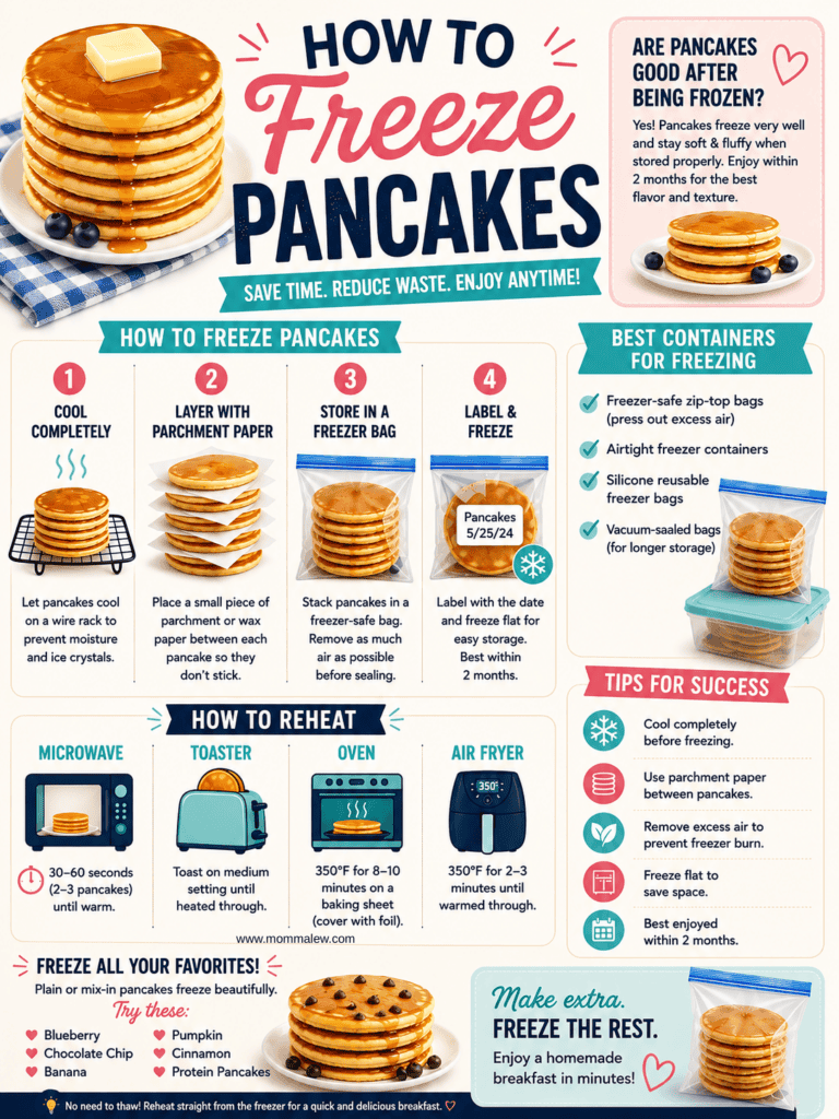 Infographic titled How to Freeze Pancakes, featuring step-by-step instructions for freezing, storing, and reheating pancakes. Includes tips, storage suggestions, time guidelines, and illustrations of pancakes and kitchen tools.