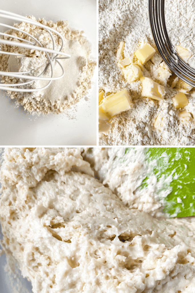A collage showing a white whisk in flour, chunks of butter being cut into flour, and a close-up of sticky Honey Butter Biscuits dough being mixed with a green spatula.