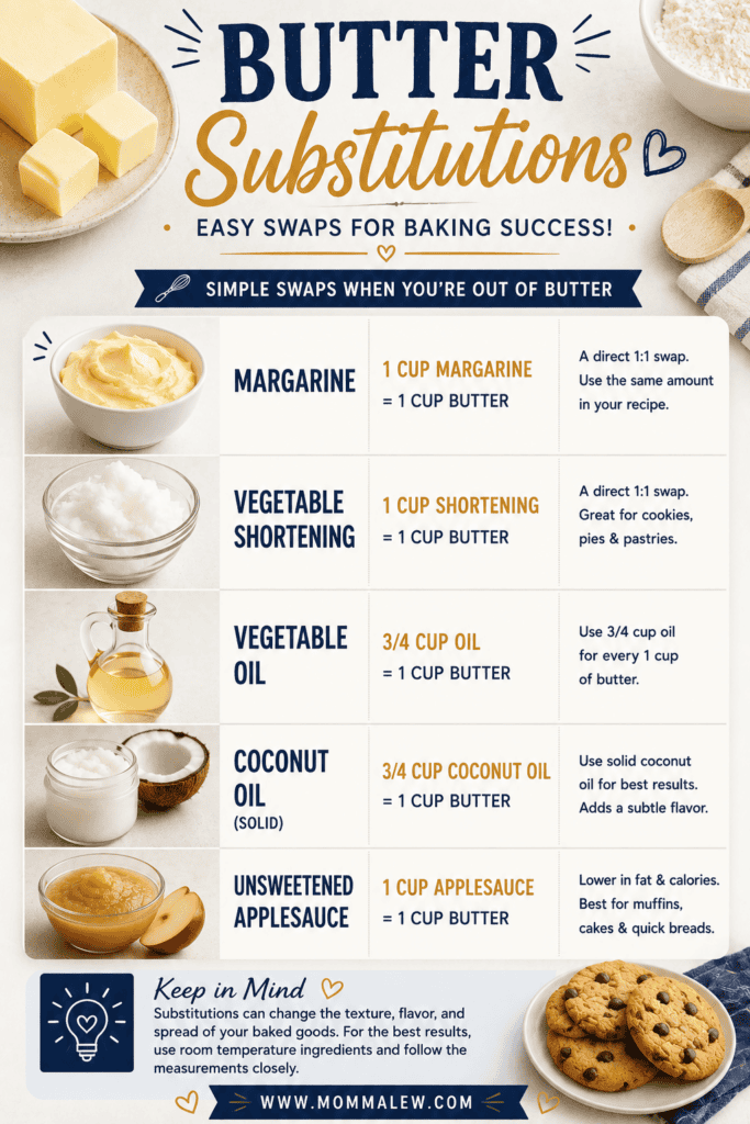 Infographic titled Butter Substitutions shows 5 butter alternatives: margarine, vegetable shortening, vegetable oil, coconut oil, and unsweetened applesauce, with swap ratios and tips for baking success.