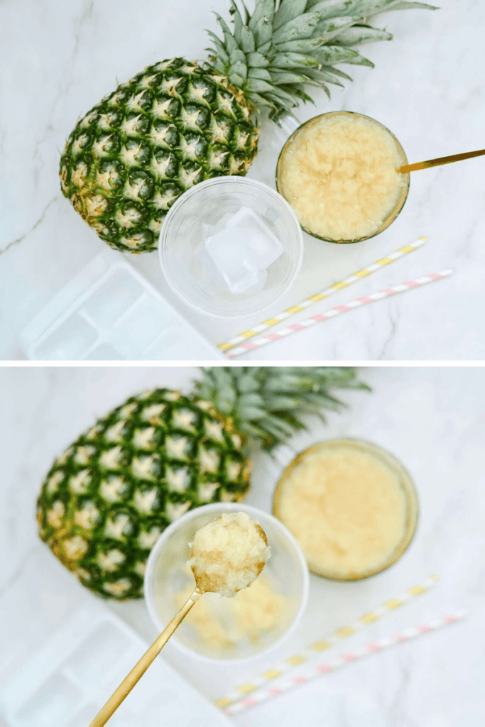 A fresh pineapple, a glass of blended pineapple drink reminiscent of the vibrant Starbucks Paradise Drink, ice cubes, two straws, and a spoon are arranged on a white surface. The second image shows a spoonful of the tropical blended drink held above the glass.