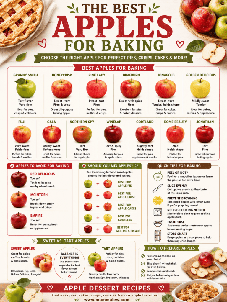 Infographic titled “The Best Apples for Baking” with images of various apple types, descriptions highlighting the best apples for baking, tips for selection, preparation instructions, apples to avoid, and suggested apple dessert recipes at the bottom.