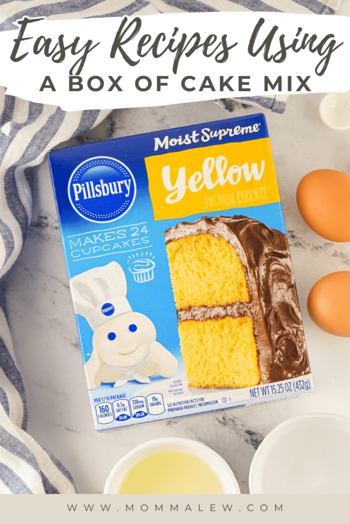 A box of Pillsbury Moist Supreme Yellow cake mix on a countertop with two eggs, a bowl of oil, a bowl of water, a whisk, and a blue-striped towel, with text: Easy Recipes Using a Box of Cake Mix.