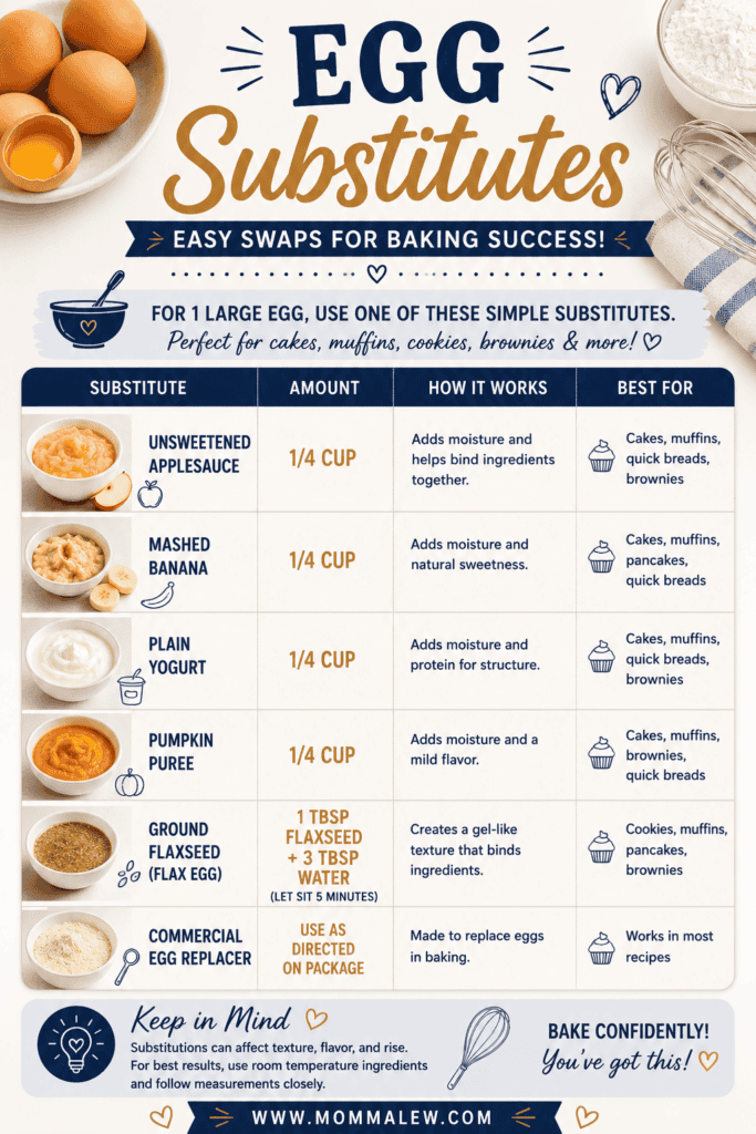 Infographic titled Egg Substitutes, showing six egg alternatives with images: applesauce, mashed banana, plain yogurt, pumpkin puree, ground flaxseed, and commercial egg replacer, plus tips for baking swaps.