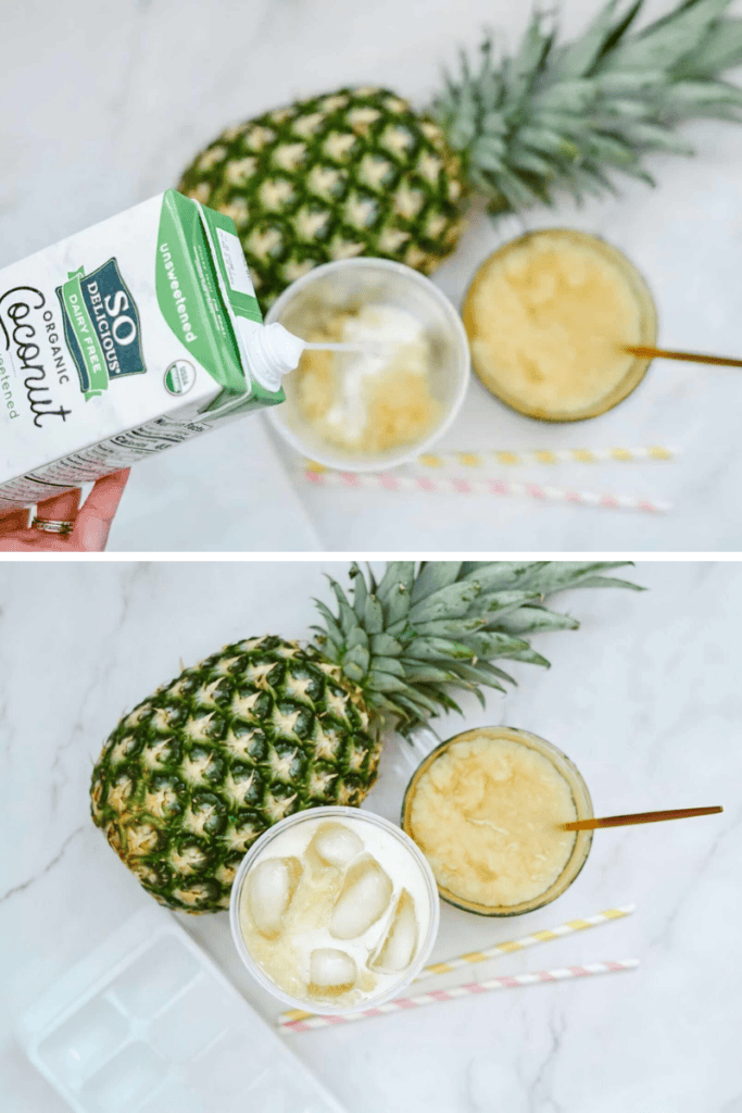 Top: A hand pours coconut milk from a carton into a glass of blended pineapple, creating a vibrant drink reminiscent of the Starbucks Paradise Drink. Bottom: The mixed drink with ice, a whole pineapple, and colorful straws are arranged on a white surface.