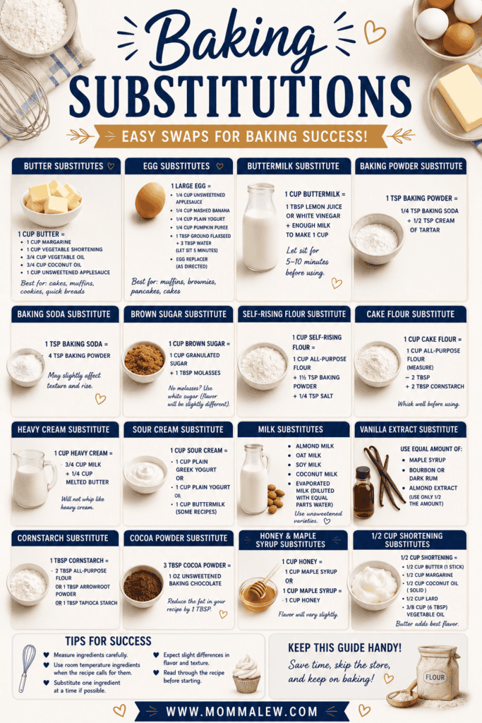 Infographic titled Baking Substitutions with illustrated charts showing various ingredient swaps for butter, eggs, buttermilk, baking powder, baking soda, sugars, flour, cream, sour cream, milk, vanilla, cornstarch, honey, and syrup.
