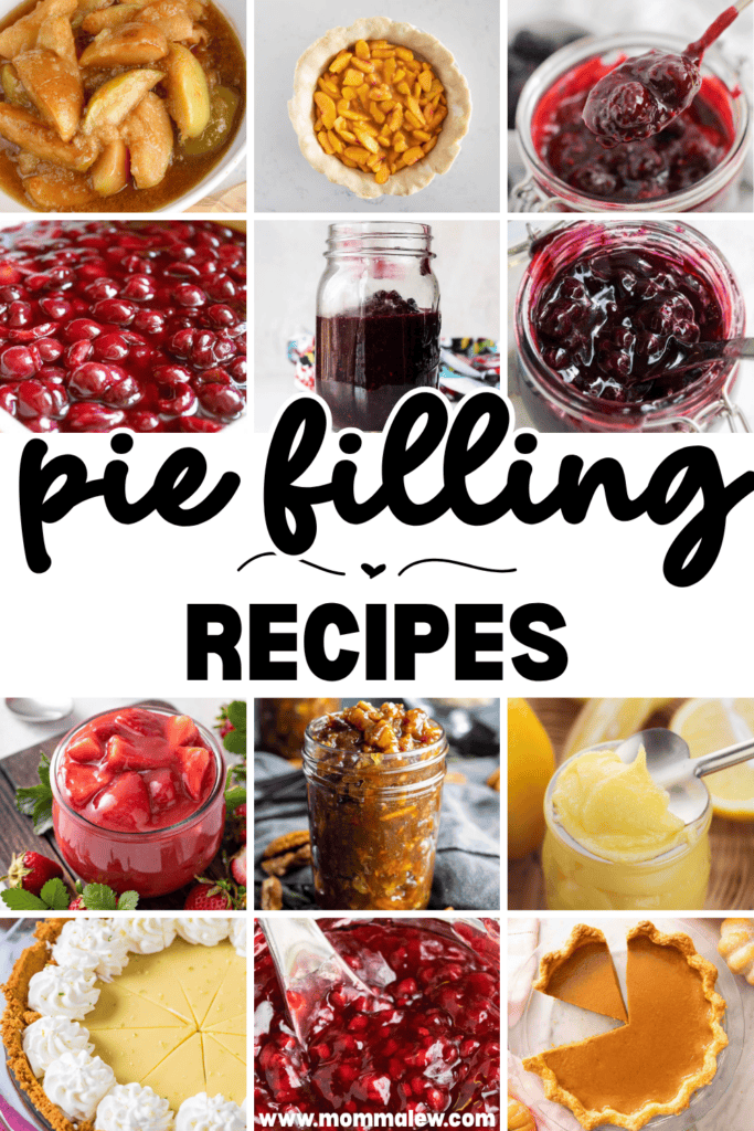 A collage of different pie fillings—apple, peach, cherry, strawberry, lemon, and more—plus a few finished pies. The text in the center reads “Pie Filling Recipes,” perfectly highlighting the delicious variety and inspiration in every slice.