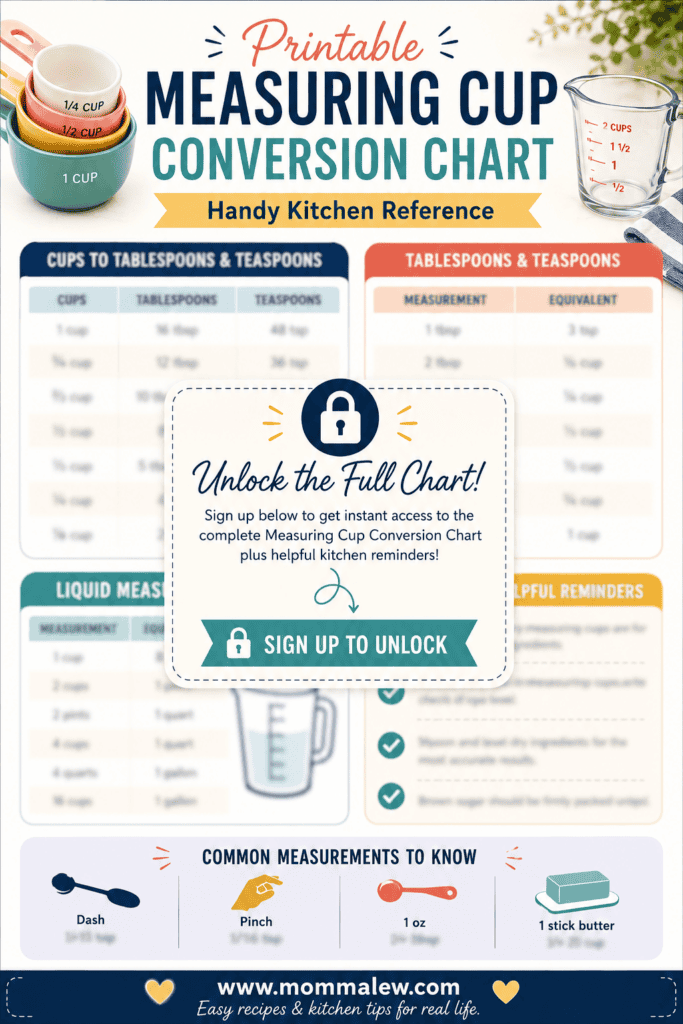 Infographic titled Printable Measuring Cup Conversion Chart with tables for converting cups to tablespoons/teaspoons, liquid measurements, cup equivalents, and common measurements like a pinch, dash, and stick of butter. Some content is locked.