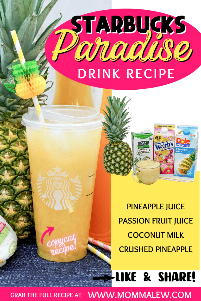 A tall iced drink with a straw and umbrella sits beside pineapple, juice boxes, and cans. Text lists ingredients: pineapple juice, passion fruit juice, coconut milk, and crushed pineapple—just like the refreshing Starbucks Paradise Drink.