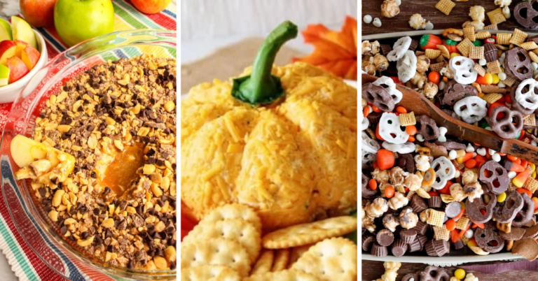 Three fall snacks to enjoy: apple crisp in a glass dish, a cheese ball shaped like a pumpkin with crackers, and a snack mix with pretzels, candy corn, and cereal on a wooden board. These delicious fall snacks are perfect for celebrating the season.