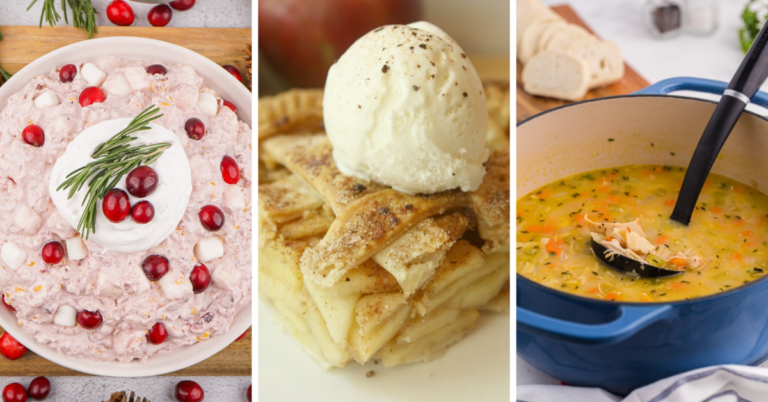 From left to right: a holiday salad with cranberries and marshmallows, a slice of apple pie topped with vanilla ice cream, and a pot of chicken soup with shredded chicken and vegetables—some of the best fall recipes to enjoy as the weather turns crisp.