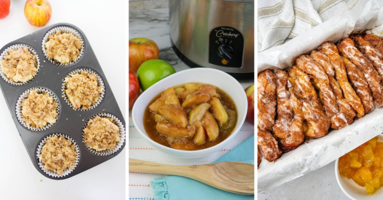 Three images: apple crumble muffins in a baking tray, a bowl of cooked apples near a slow cooker, and glazed apple fritters on parchment paper. Apples and cloth napkins are visible in the background, showcasing some easy apple recipes perfect for any occasion.