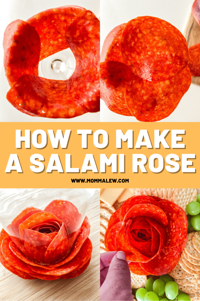 Four-step photo collage for making a salami rose: slices are folded over a glass rim, layered into petals, then arranged into a rose and placed on a charcuterie board with crackers and grapes. Text: “How to Make a Salami Rose.”.