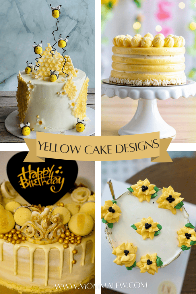 A collage of four decorative yellow cakes, including a yellow birthday cake for girl with bee toppers, piped swirls, gold accents with macarons, and bright flower decorations. A banner reads Yellow Cake Designs.