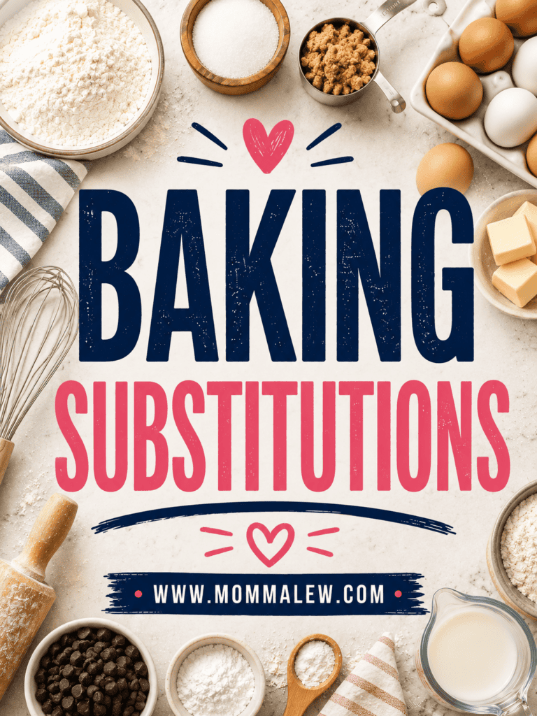 A flat lay of baking ingredients like flour, eggs, butter, chocolate chips, and utensils surrounds the text Baking Substitutions and www.mommalew.com in bold letters on a light surface.