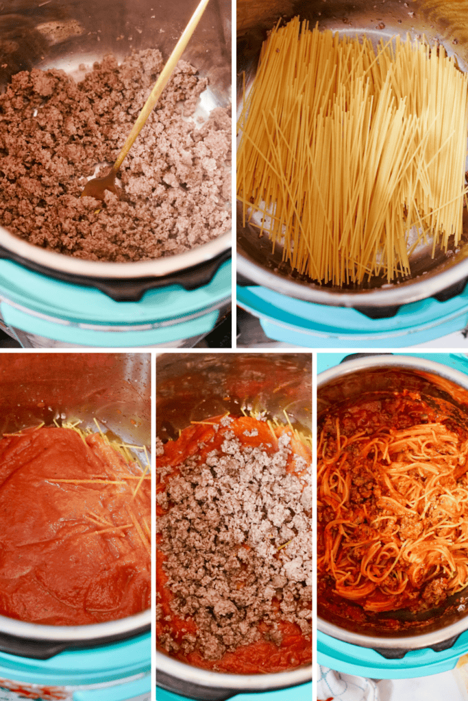 A collage of five images shows the process of making instant pot spaghetti: browning ground beef, adding uncooked spaghetti, pouring in tomato sauce, mixing ingredients, and the final cooked spaghetti with meat sauce.