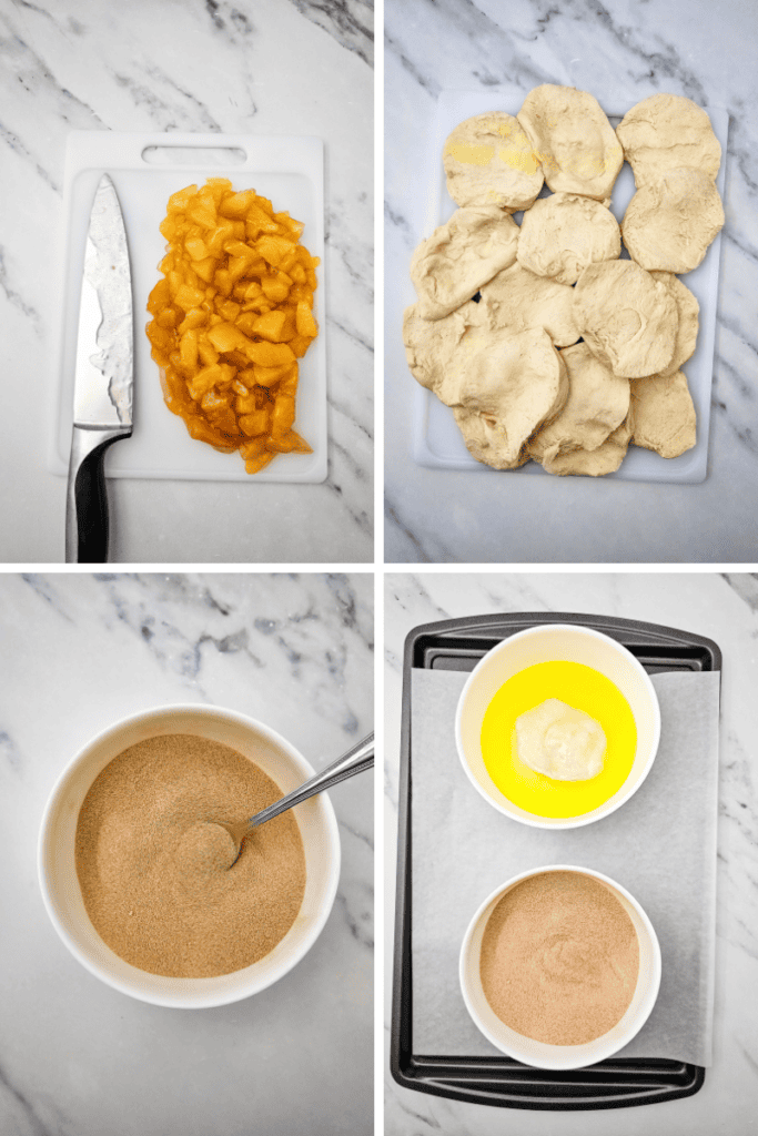Four images show: chopped apples and a knife on a cutting board, pieces of dough, a bowl of cinnamon sugar with a spoon, and a tray with melted butter, dough, and cinnamon sugar on parchment paper—everything you need to assemble a delicious Apple Cinnamon Pull Apart Bread.