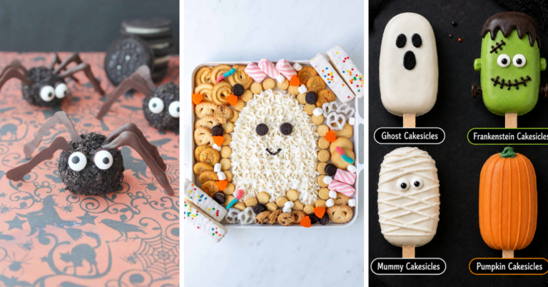 Three Halloween treats: spider cupcakes with candy eyes, a ghost-shaped dessert board with cookies, and No Bake Halloween Treats like cakesicles decorated as a ghost, Frankenstein, a mummy, and a pumpkin on popsicle sticks.
