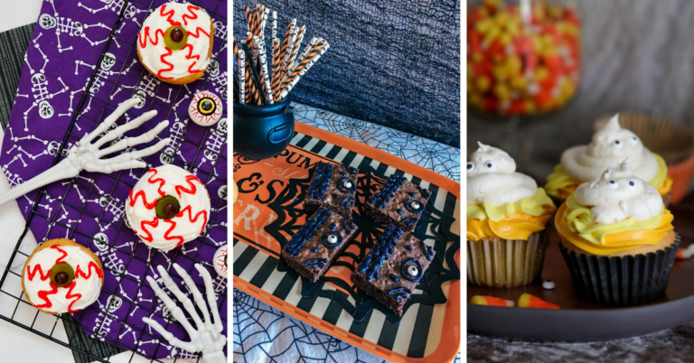 Three sections show festive Halloween treats: eyeball donuts with skeleton hands, brownies with candy eyes and striped paper straws, and cupcakes topped with ghost-shaped frosting, all inspired by spooky halloween recipes, with Halloween-themed props in the background.