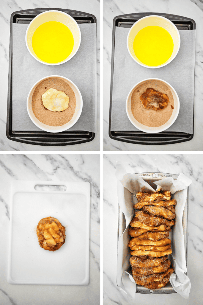 Four photos show: dough dipped in melted butter, then cinnamon sugar; topped with apple filling; stacked in a loaf pan to create an Apple Cinnamon Pull Apart Bread. All steps occur on a marble counter and parchment-lined surfaces.
