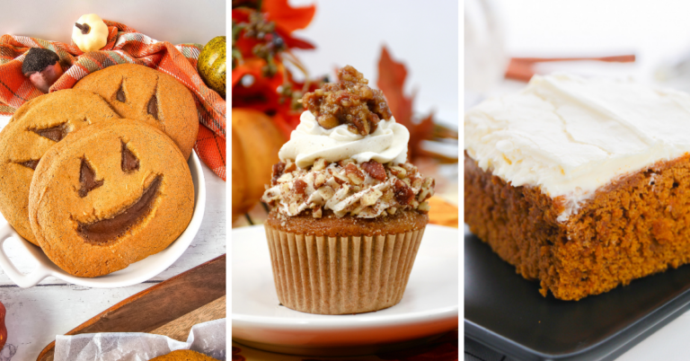 Three autumn desserts inspired by halloween recipes: pumpkin-shaped cookies with carved faces, a cupcake topped with nuts and whipped cream, and a slice of frosted cake, all set against festive fall backgrounds.
