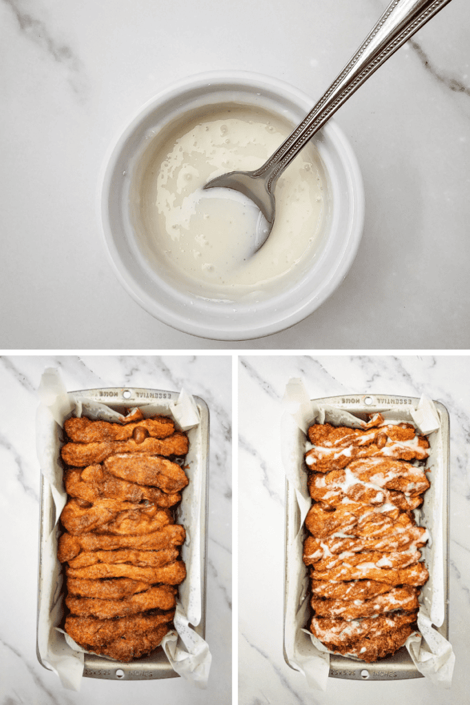 Three images: a bowl of white glaze with a spoon, a loaf of Apple Cinnamon Pull Apart Bread in a pan, and the same loaf drizzled with white glaze. All are on a white marble surface.