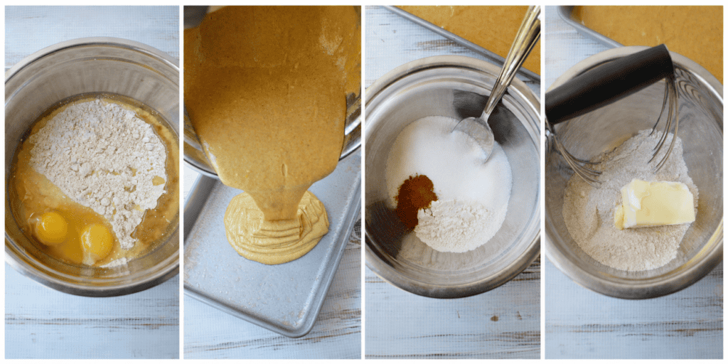Four images show steps in baking: mixing eggs and flour in a bowl, pouring Krusteaz Pumpkin Coffee Cake batter into a pan, combining dry ingredients, and cutting butter into flour with a pastry blender.
