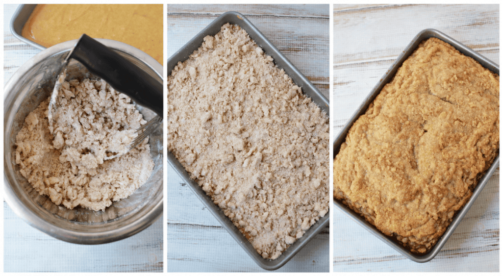 Three-panel image: Mixing crumb topping in a bowl, spreading crumb topping over Krusteaz Pumpkin Coffee Cake batter in a pan, and a finished golden-brown crumb cake in a baking pan on a white wooden surface.
