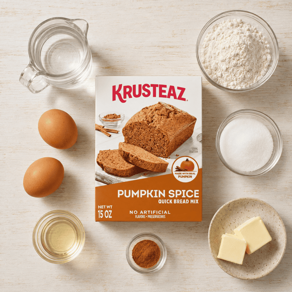 Top-down view of Krusteaz Pumpkin Spice Quick Bread Mix box surrounded by eggs, flour, sugar, water, oil, butter, and a small bowl of spices on a light surface—perfect ingredients for making a delicious Krusteaz Pumpkin Coffee Cake.