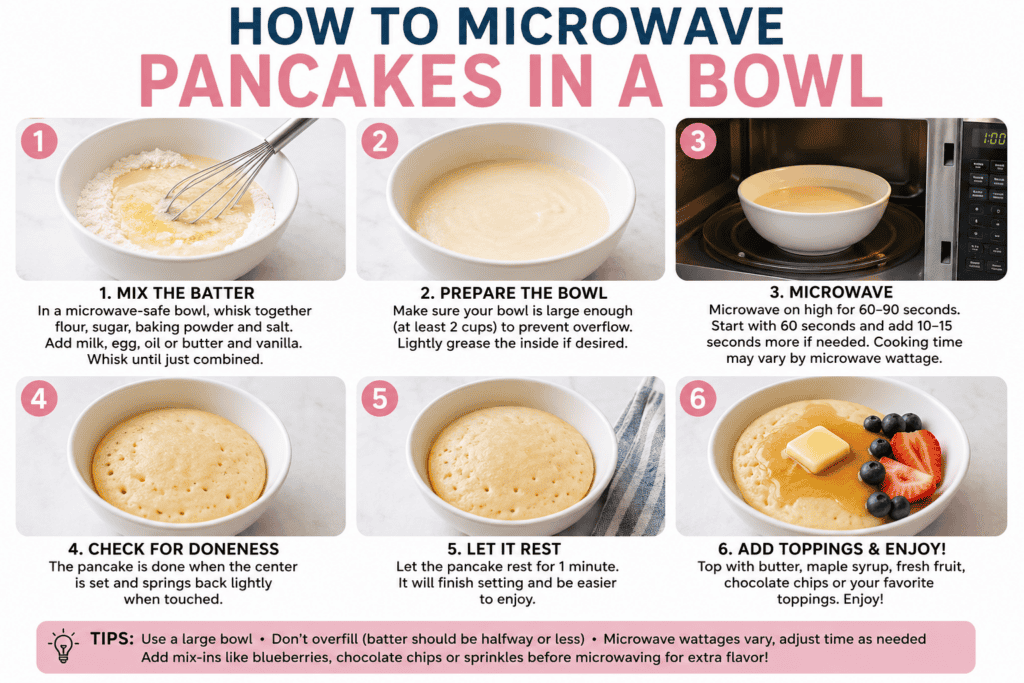Step-by-step guide for making microwave pancakes in a bowl, with photos and instructions for mixing, microwaving, checking doneness, letting rest, and adding toppings. Tips and safety notes are included.